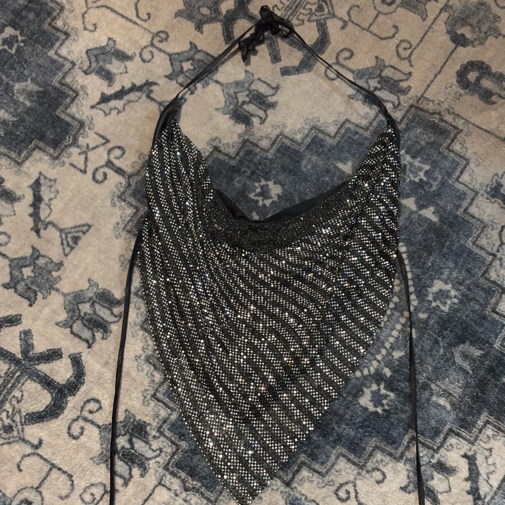 STEVE MADDEN JANET SPARKLE SILVER & BLACK BACKLESS COWL NECK PARTY HALTER TOP - Picture 2 of 14